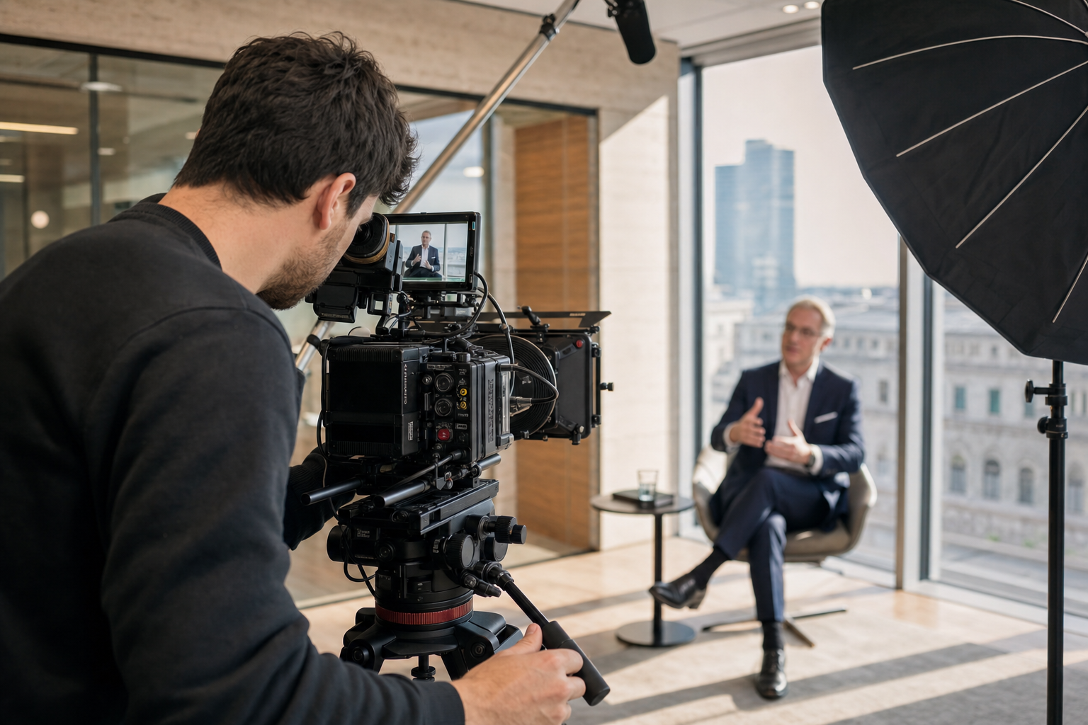 Troupe di panning.click gira un video aziendale corporate in un ufficio moderno ad Alessandria