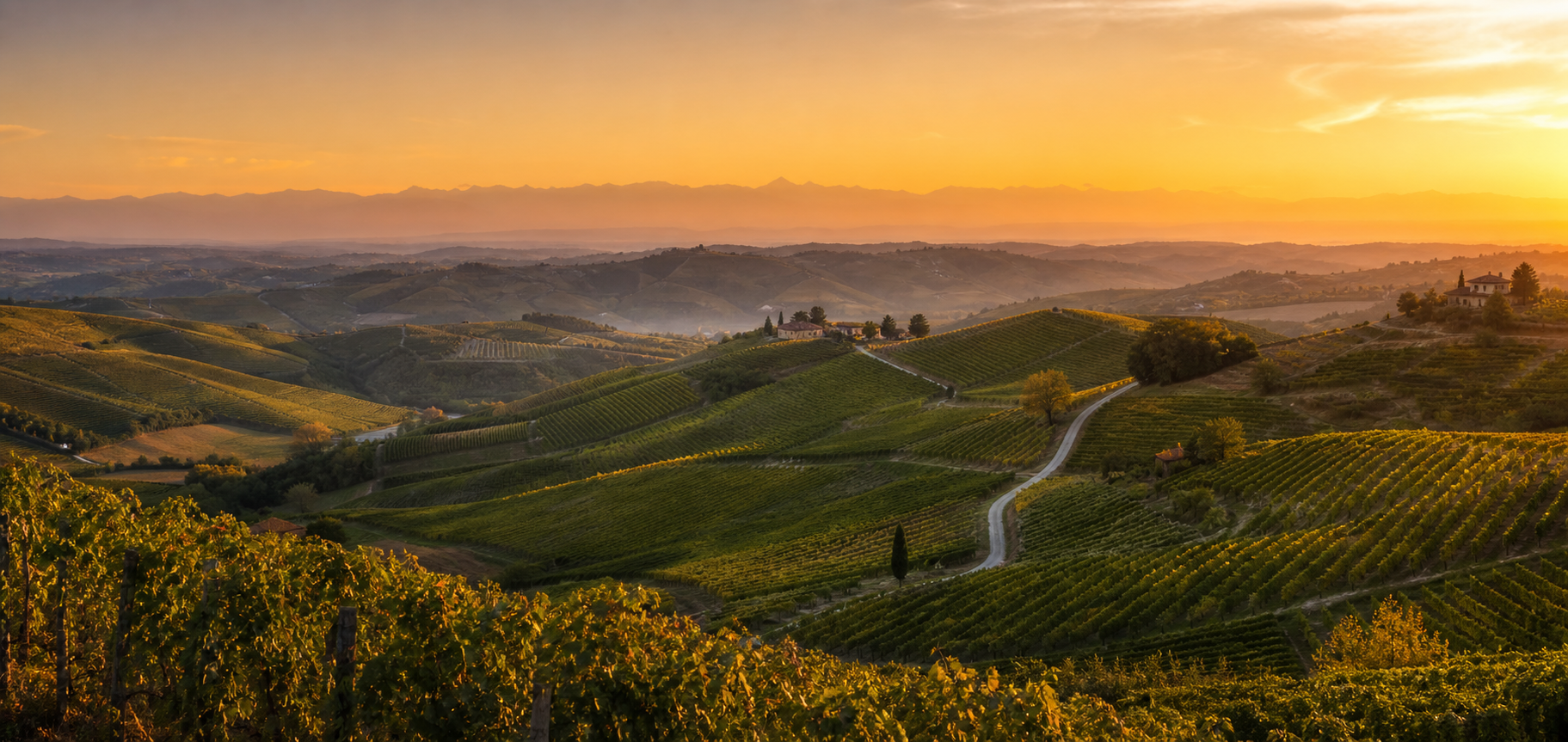 Panoramica cinematografica delle colline del Monferrato vista da Alessandria al tramonto, ripresa panoramica di Panning